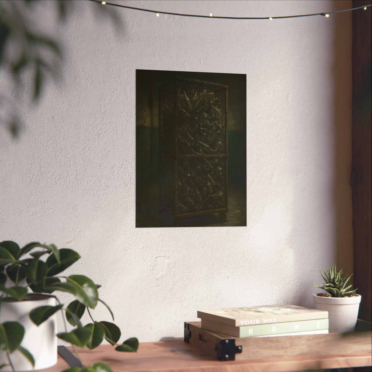 A tall wire cage cart packed with clear bottles in a dim concrete room. The Cage of Clear Glass by Garabaggio, fine art print hanging in a room.