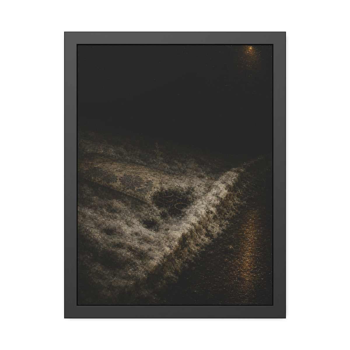 A discarded mattress half buried in snow, a distant streetlight behind. The White Burial by Garabaggio, framed fine art print, 18″ x 24″.