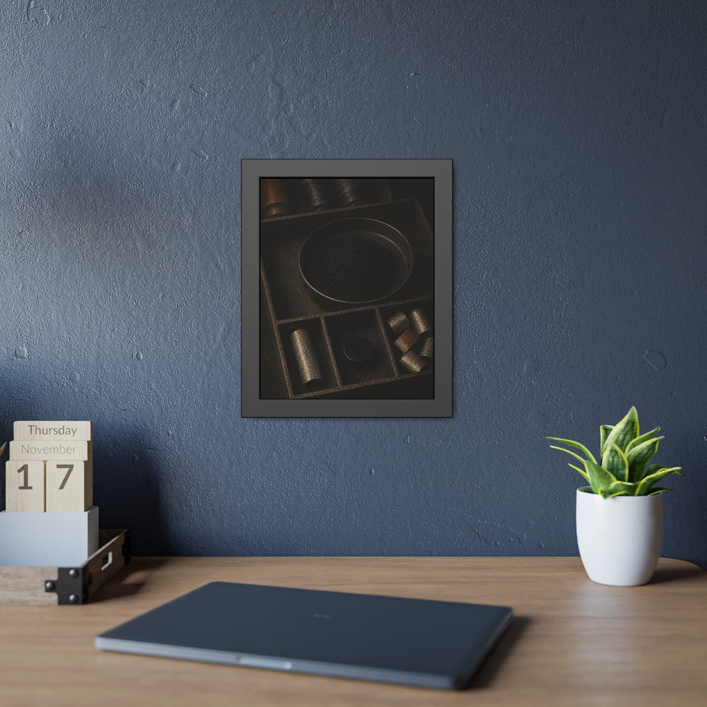 Battery casings and black powder sorted into the trays of a dim box. The Black Recovery by Garabaggio, framed fine art print hanging in a room.