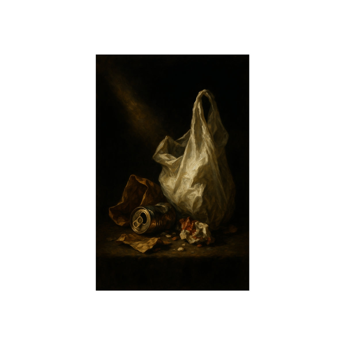 A white plastic bag standing upright in a shaft of light. The Annunciation of the Plastic Bag by Garabaggio, fine art print hanging in a room.