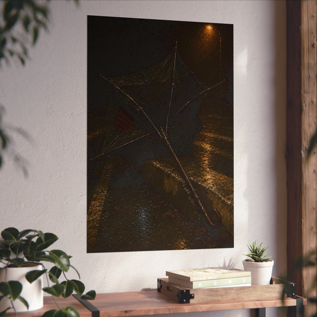 A broken umbrella inside out on a wet curb under a street lamp. The Inversion at the Median by Garabaggio, fine art print hanging in a room.