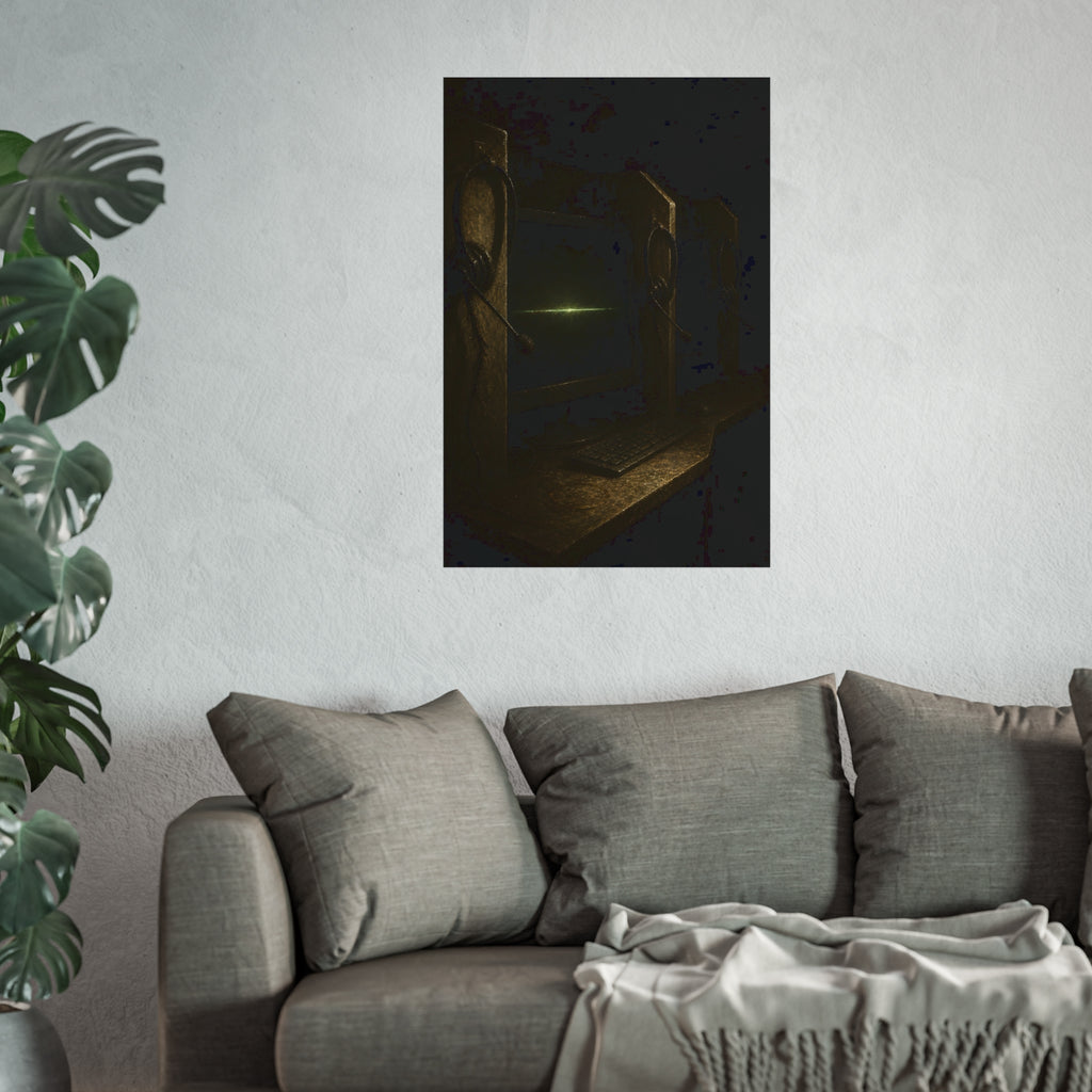 Dark cubicle monitors and a headset, one screen holding a thin green line. Power Down by Rows by Garabaggio, fine art print hanging in a room.