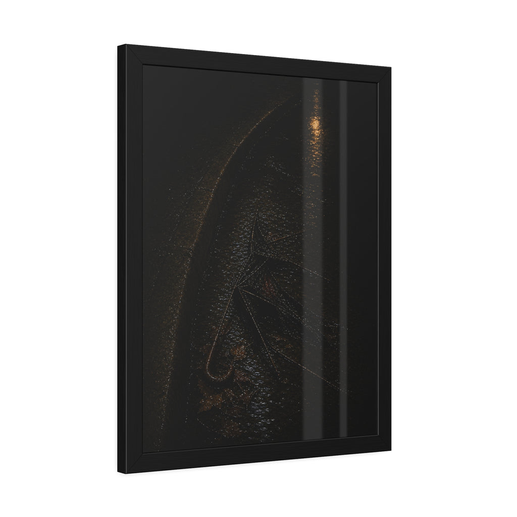 A collapsed umbrella in a dark wet gutter beside a curb, one distant light. The Procession in the Gutter by Garabaggio, framed fine art print hanging in a room.