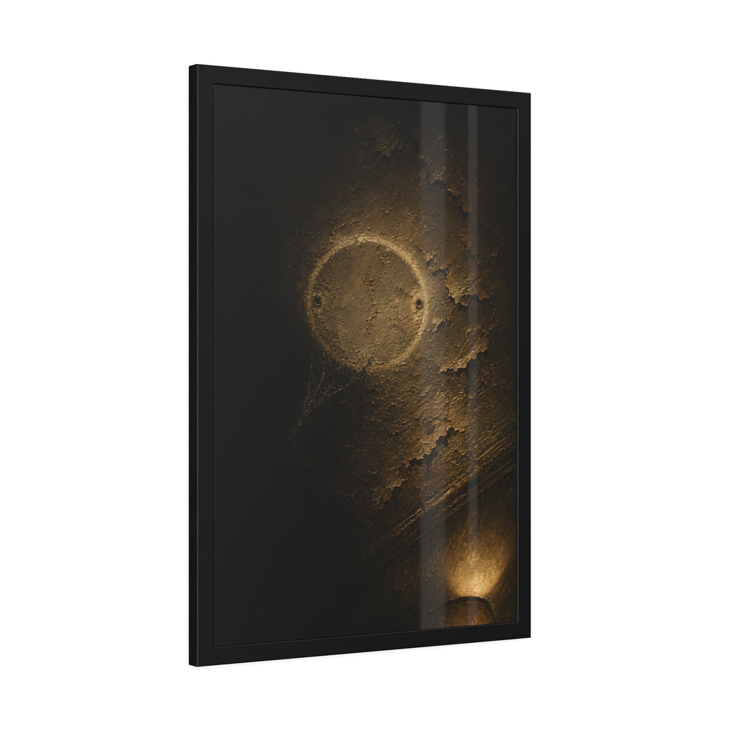 A pale ring and two screw holes on a peeling ceiling where a detector was. The Circle on the Ceiling by Garabaggio, framed fine art print hanging in a room.