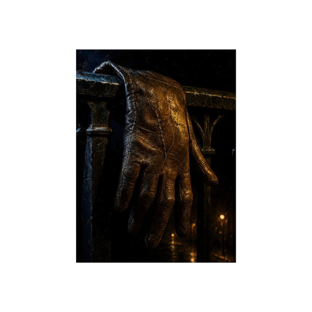 A leather glove draped over an iron railing, fingers hanging. The Repose of the Leather Glove, No. 1 by Garabaggio, fine art print hanging in a room.