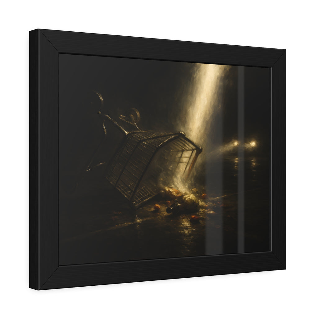 A tipped shopping cart spilling groceries in a shaft of light. The Conversion of the Shopping Cart by Garabaggio, framed fine art print hanging in a room.