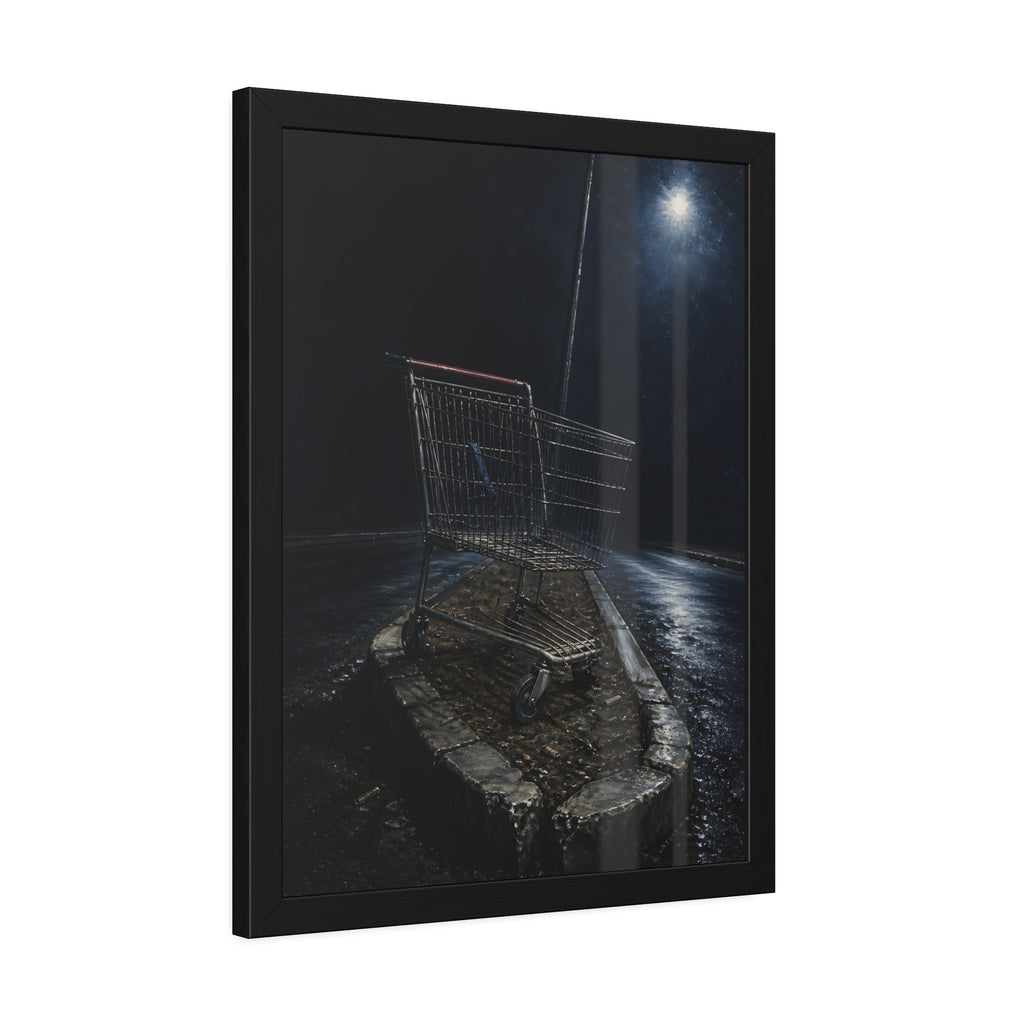 A shopping cart stranded on a stone median under a streetlight. The Crossing of the Median by Garabaggio, framed fine art print hanging in a room.