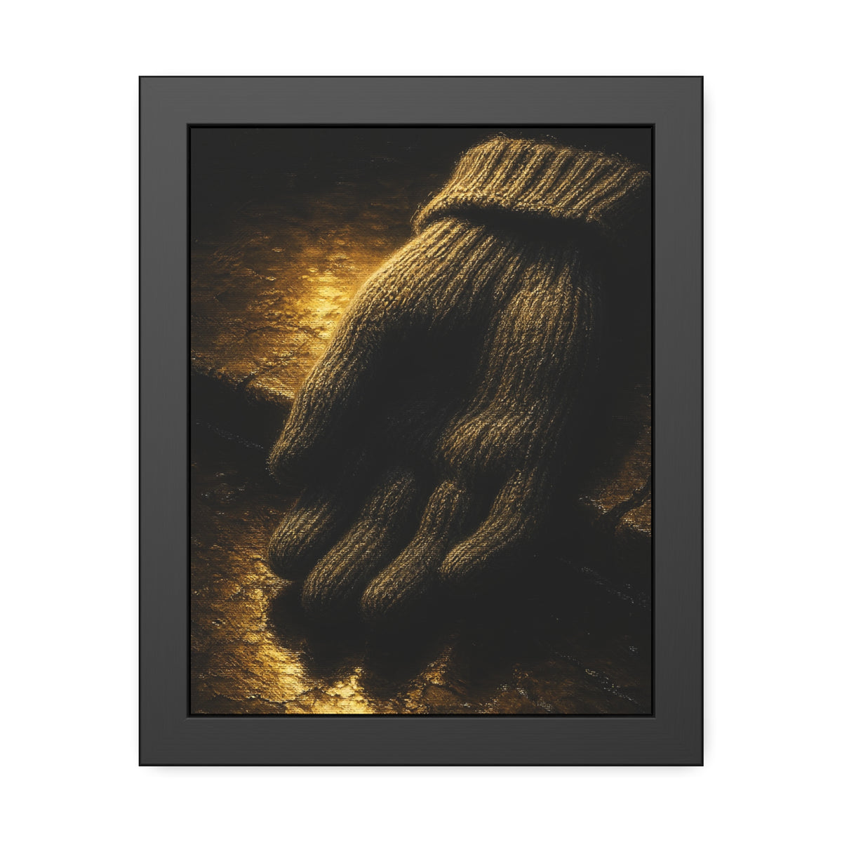 A knitted wool glove palm down on wet stone in gold light. The Presentation of the Woolen Glove by Garabaggio, framed fine art print, 11″ x 14″.