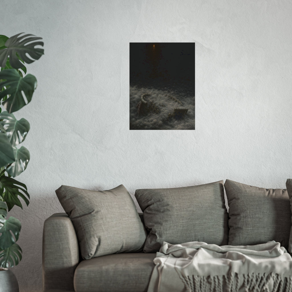 A broken laundry basket half buried in a snowbank under a distant light. Lattice in the Snowbank by Garabaggio, fine art print hanging in a room.