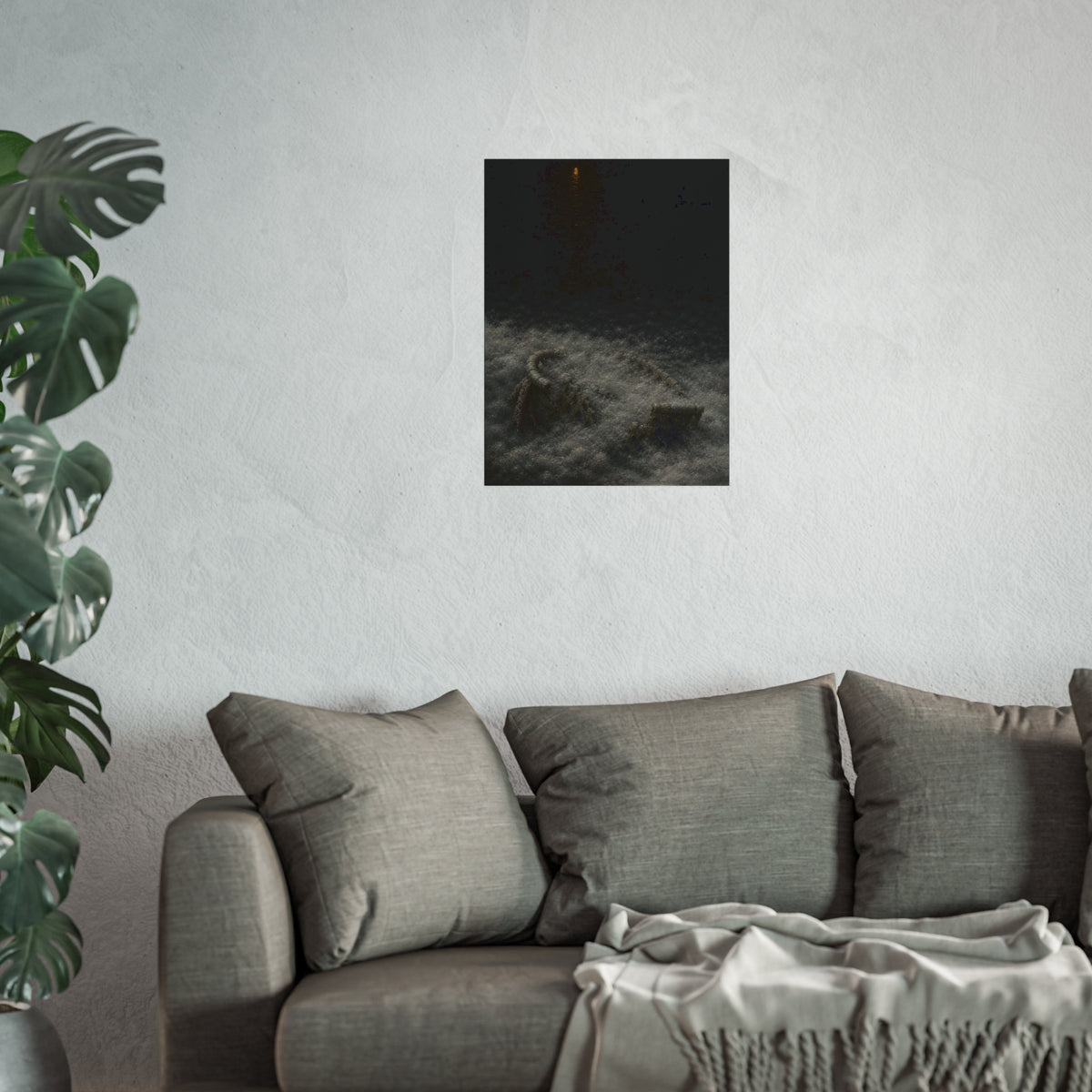 A broken laundry basket half buried in a snowbank under a distant light. Lattice in the Snowbank by Garabaggio, fine art print hanging in a room.