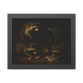 Raccoons at a tipped metal pail, one gnawing a melon rind in the dark. The Supper at the Alleyway by Garabaggio, framed fine art print, 14″ x 11″.