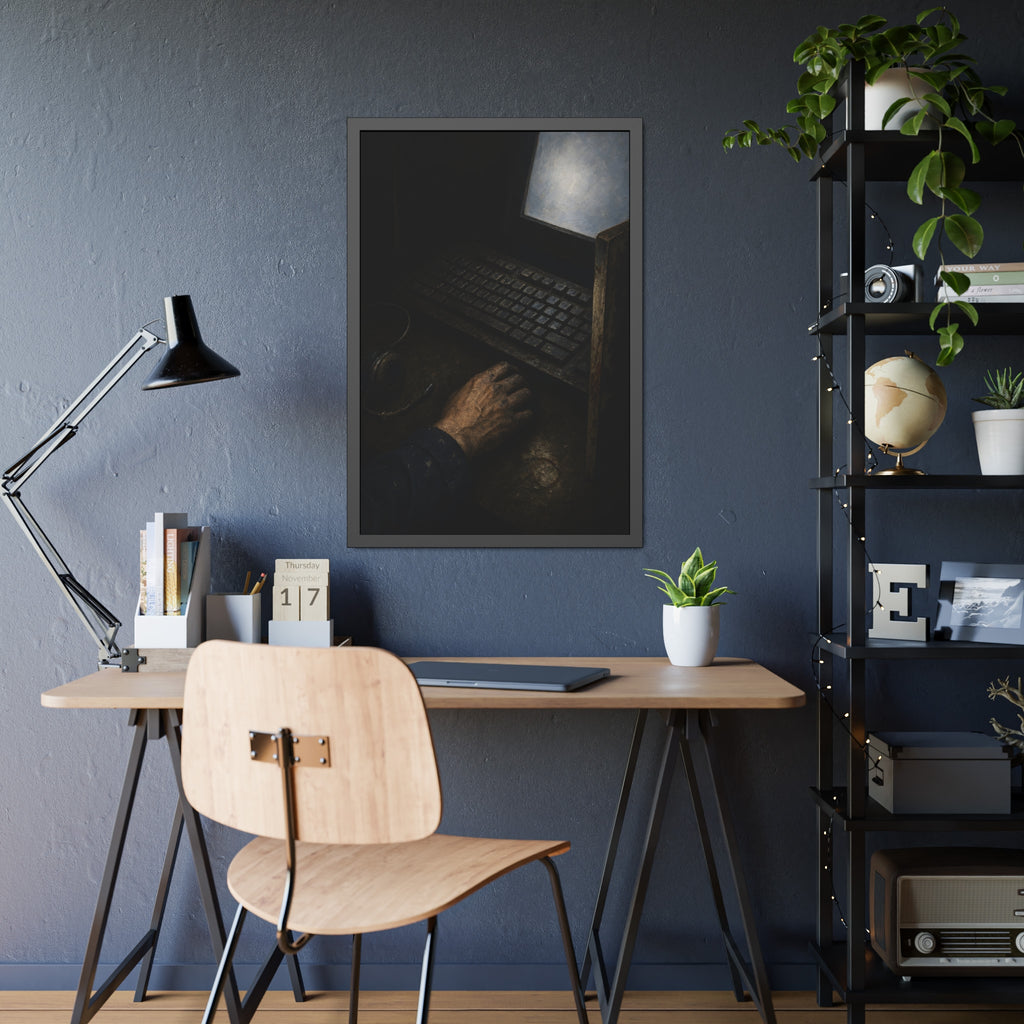 A hand on a mouse beside a grimy keyboard and a pale glowing screen. Login Before Dawn by Garabaggio, framed fine art print hanging in a room.