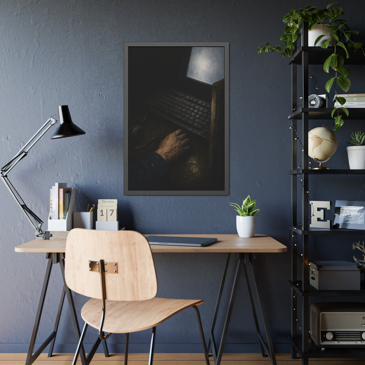 A hand on a mouse beside a grimy keyboard and a pale glowing screen. Login Before Dawn by Garabaggio, framed fine art print hanging in a room.
