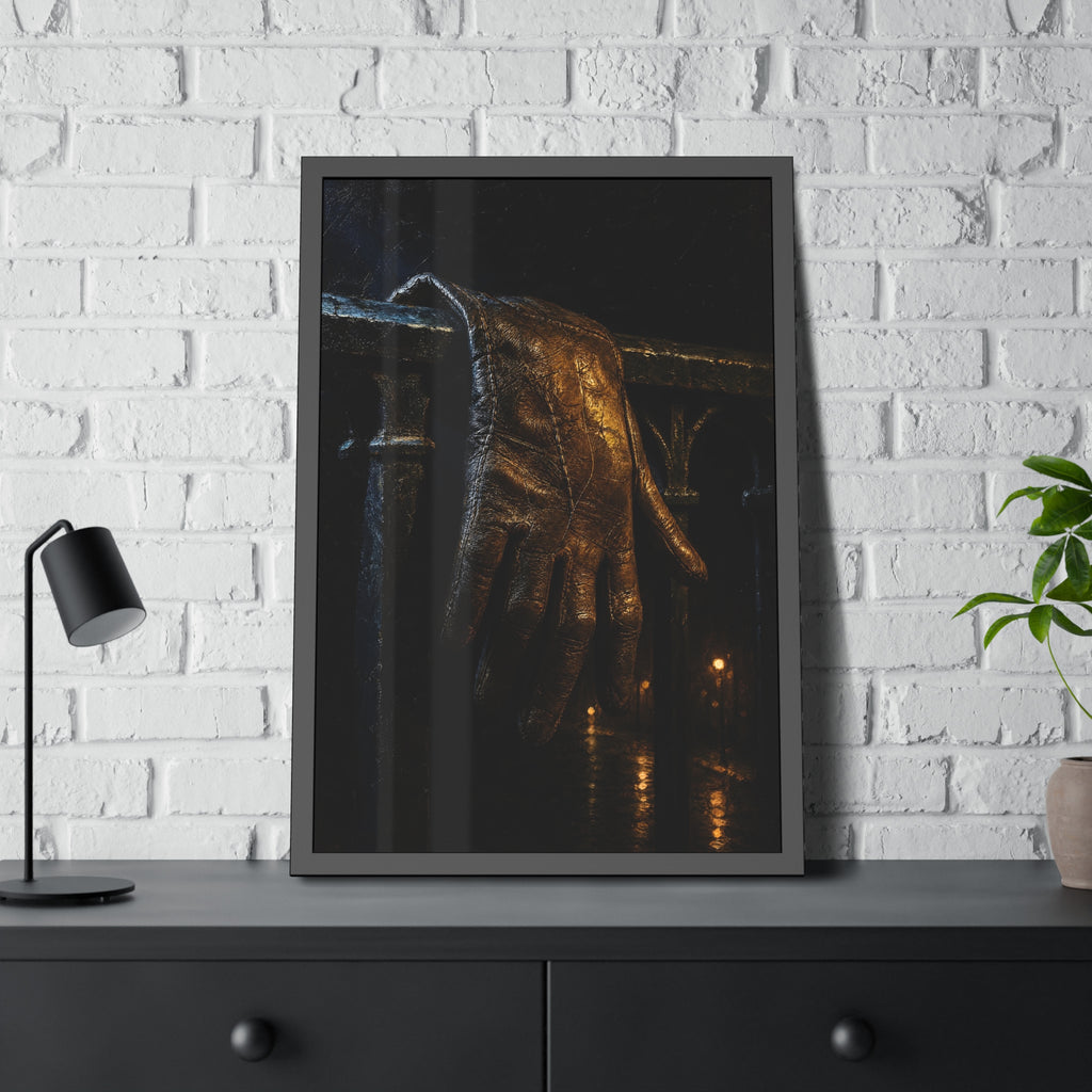 A leather glove draped over an iron railing, fingers hanging. The Repose of the Leather Glove, No. 1 by Garabaggio, framed fine art print hanging in a room.