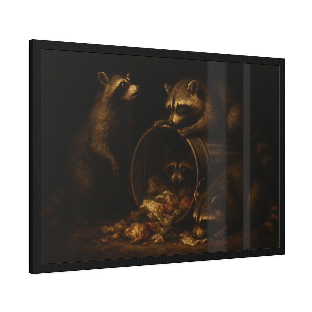 Four raccoons around a tipped metal trash can spilling food scraps. The Crowning with Crumbs by Garabaggio, framed fine art print hanging in a room.
