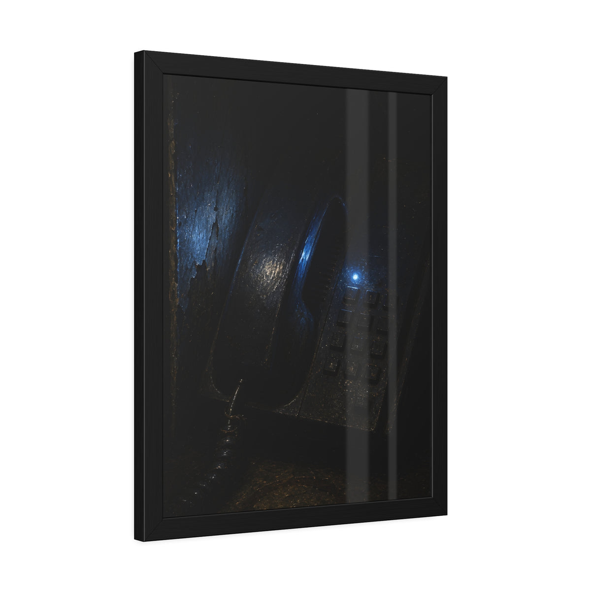 A grimy wall telephone in darkness with one small blue indicator light. The Night Queue by Garabaggio, framed fine art print hanging in a room.