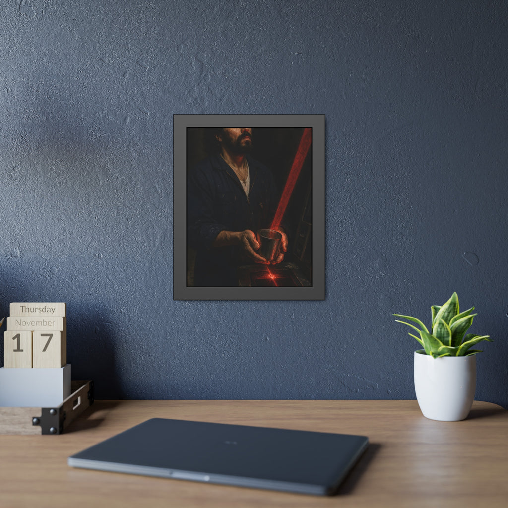 A man in blue coveralls holding a metal cup in a red scanner beam. The First Scan by Garabaggio, framed fine art print hanging in a room.