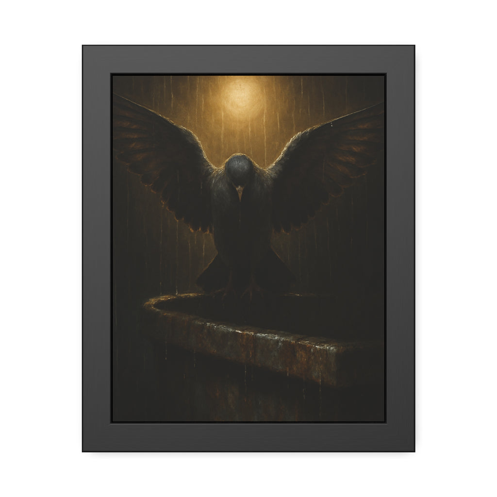A pigeon with wings spread on a dumpster rim under a lamp in the rain. The Passion (Study in Rain) by Garabaggio, framed fine art print, 11″ x 14″.