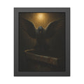 A pigeon with wings spread on a dumpster rim under a lamp in the rain. The Passion (Study in Rain) by Garabaggio, framed fine art print, 11″ x 14″.