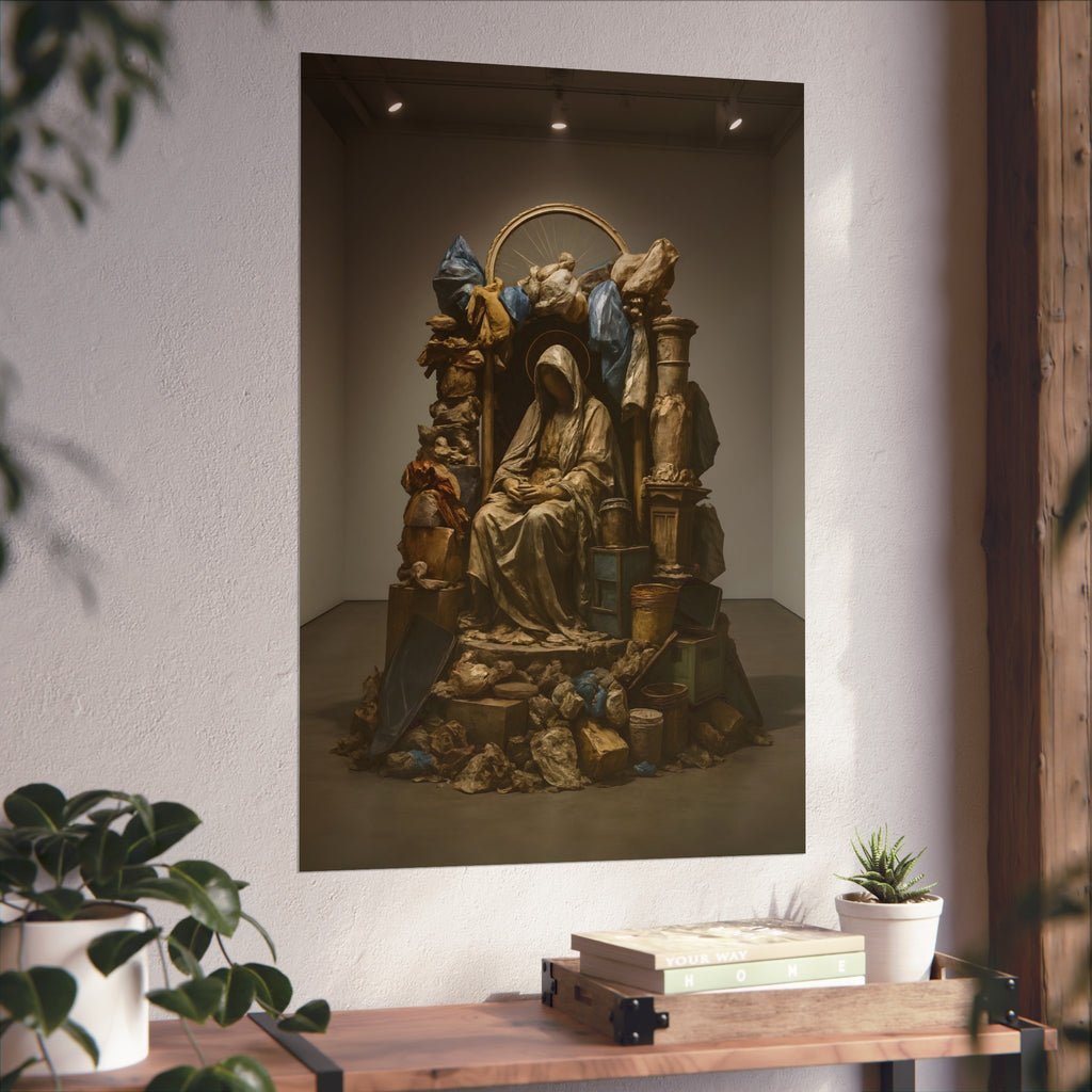 A veiled seated figure built from bags and refuse under a wheel halo. The Virgin Enthroned Among Ruins by Garabaggio, fine art print hanging in a room.