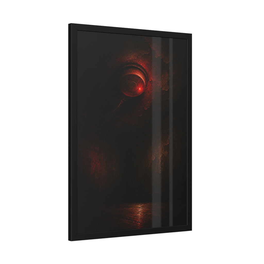 A ceiling smoke detector glowing red in an empty peeling room. The Alarm in an Empty Room by Garabaggio, framed fine art print hanging in a room.