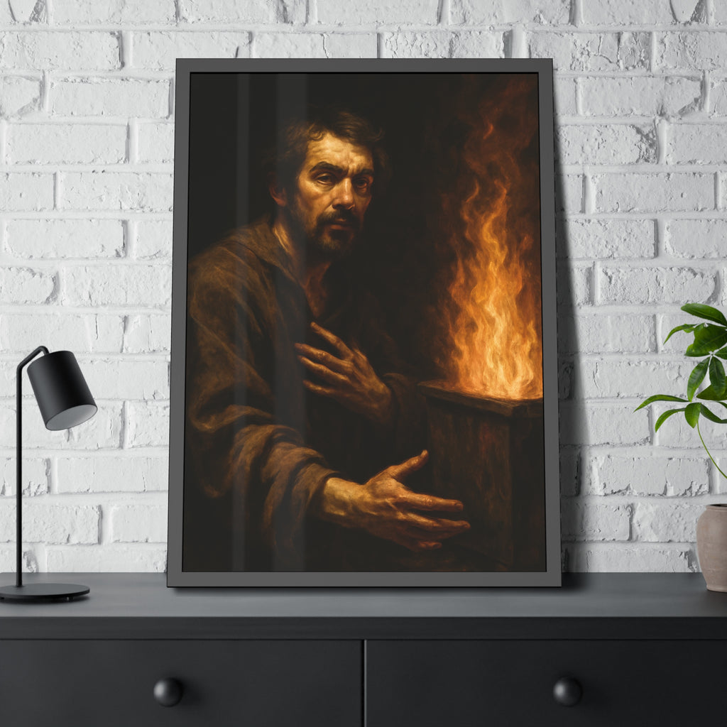 Bearded man with a hand on his chest beside flames rising from a bin. Self-Portrait as a Penitent by Garabaggio, framed fine art print hanging in a room.