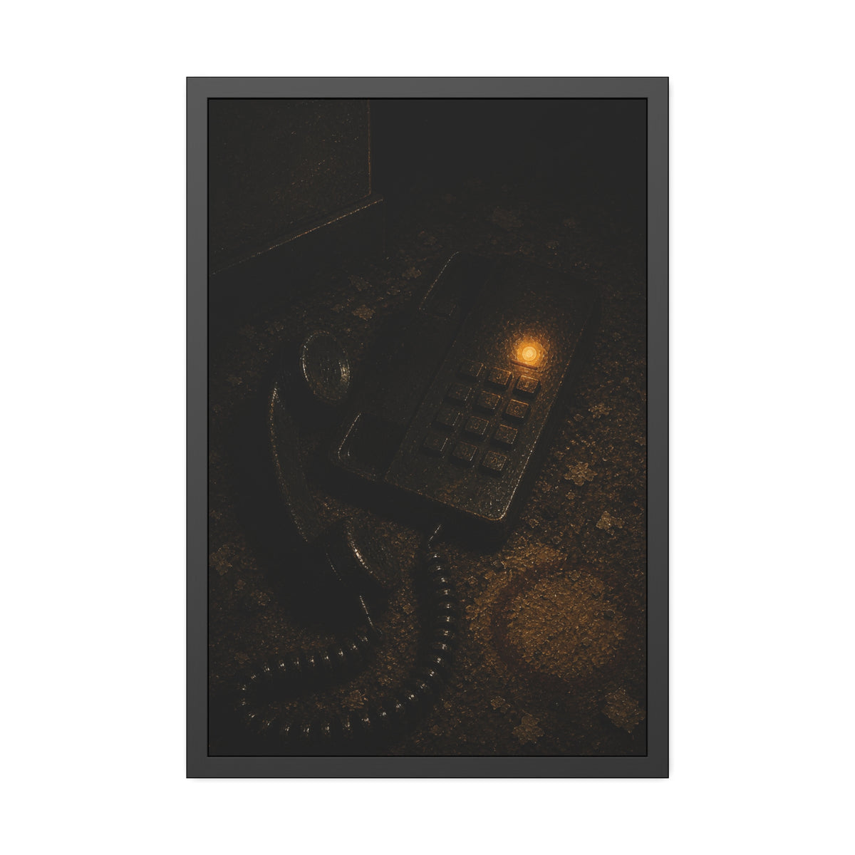 A desk phone with the handset off the hook and one amber light glowing. The Line Still Rings by Garabaggio, framed fine art print, 24″ x 36″.