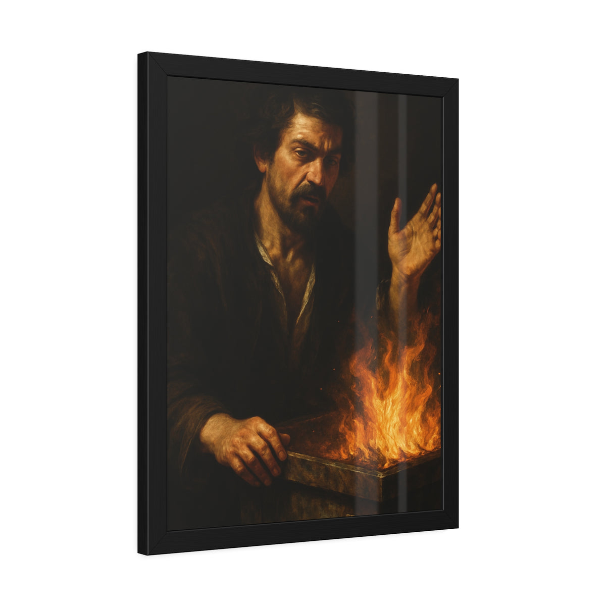 Man holding one hand high over the flames of an open burning bin. Self-Portrait Commanding the Light by Garabaggio, framed fine art print hanging in a room.