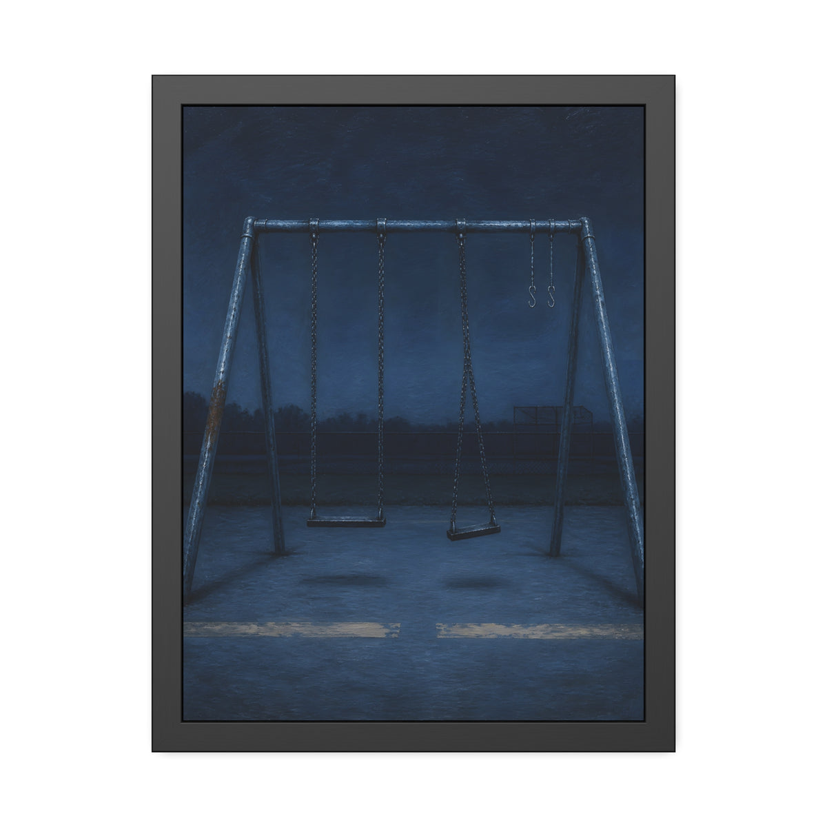 A swing set with two seats and two bare hooks in blue predawn light. The Fifth Hour: The Blue Before by Garabaggio, framed fine art print, 18″ x 24″.