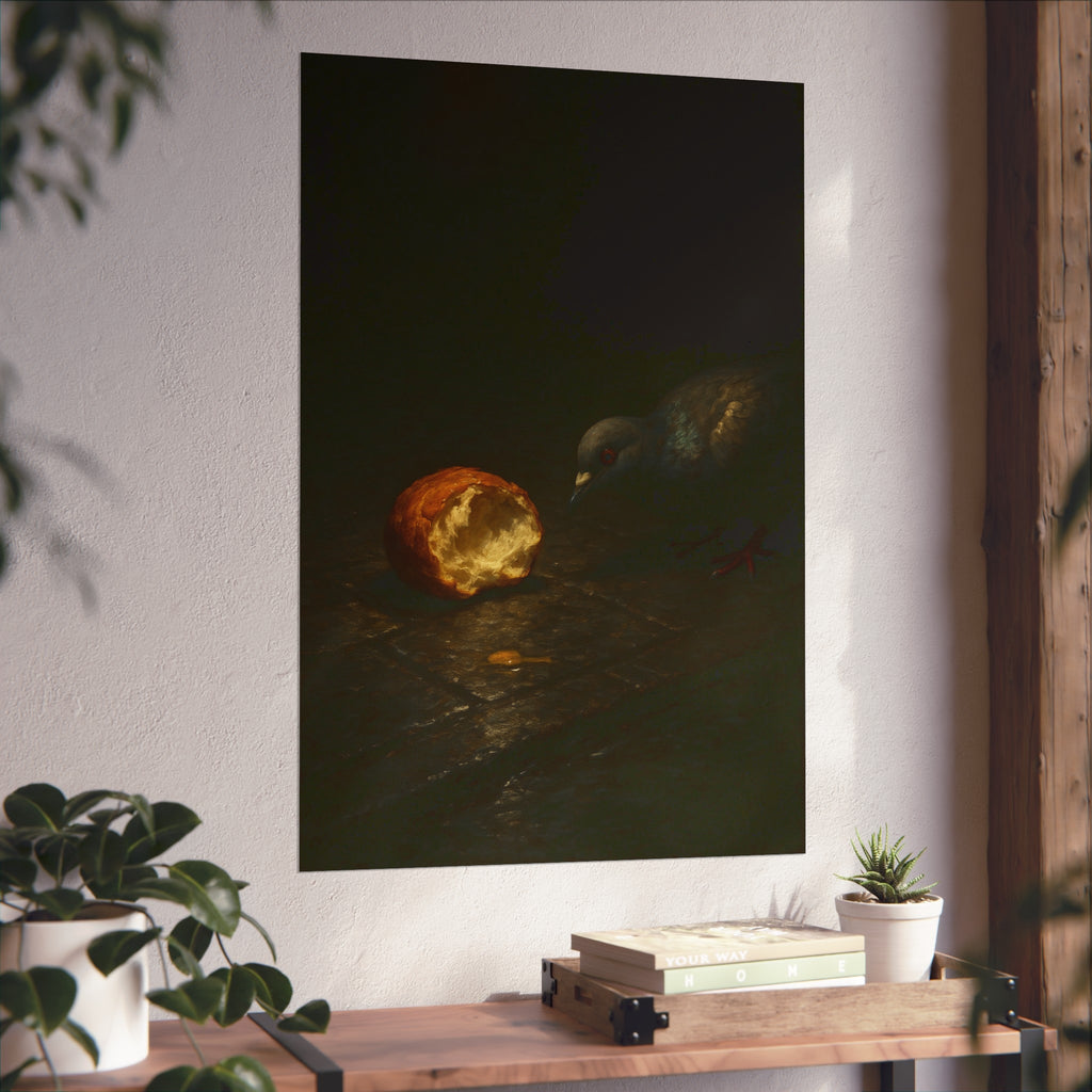 A pigeon leaning toward a torn bread roll on wet paving stones. The Offering of the Discarded Bun by Garabaggio, fine art print hanging in a room.