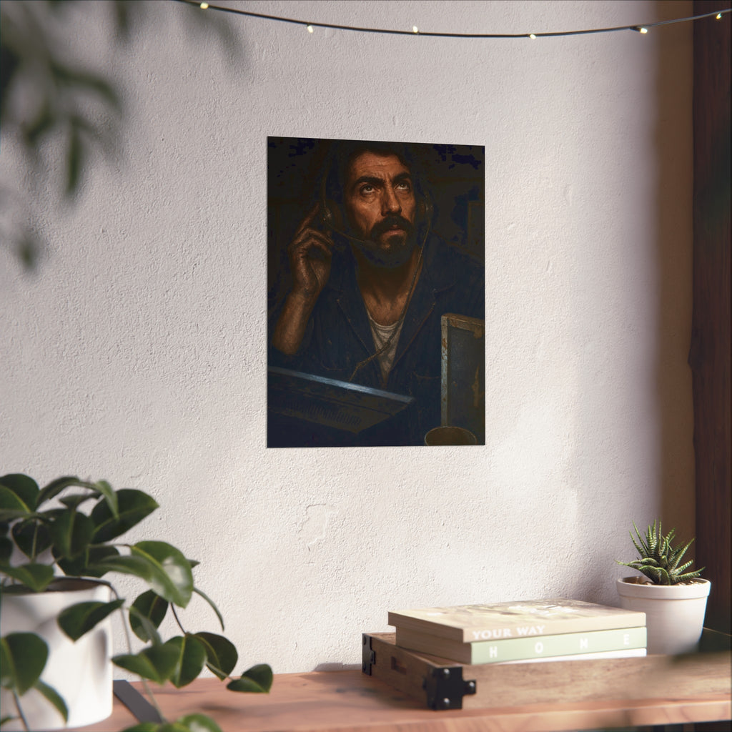 A man in a phone headset looks upward over the glow of a monitor. Garabaggio on Hold by Garabaggio, fine art print hanging in a room.
