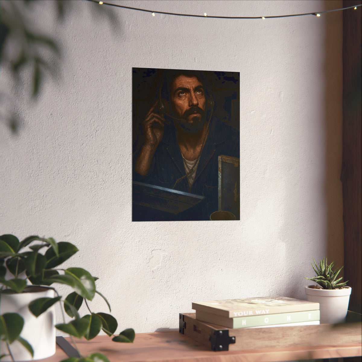 A man in a phone headset looks upward over the glow of a monitor. Garabaggio on Hold by Garabaggio, fine art print hanging in a room.