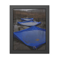 Three blue tarps holding pooled rainwater in a weedy vacant lot. Flooded in the Vacant Lot by Garabaggio, framed fine art print, 11″ x 14″.