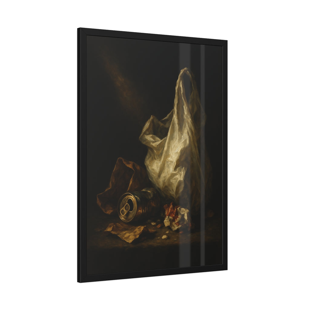 A white plastic bag standing upright in a shaft of light. The Annunciation of the Plastic Bag by Garabaggio, framed fine art print hanging in a room.