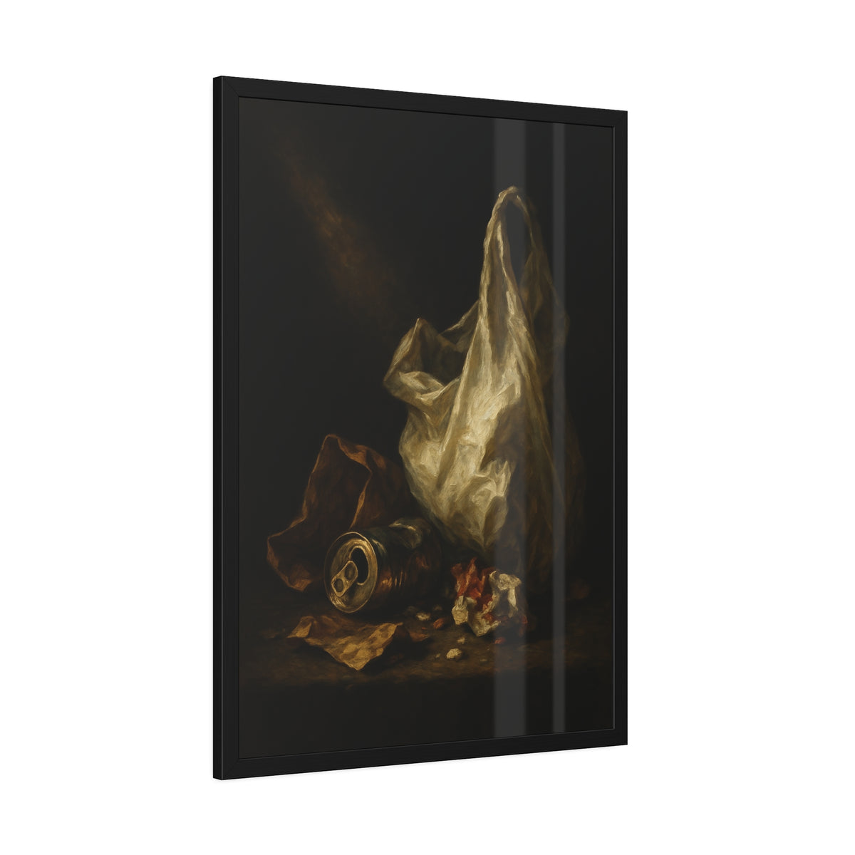 A white plastic bag standing upright in a shaft of light. The Annunciation of the Plastic Bag by Garabaggio, framed fine art print hanging in a room.