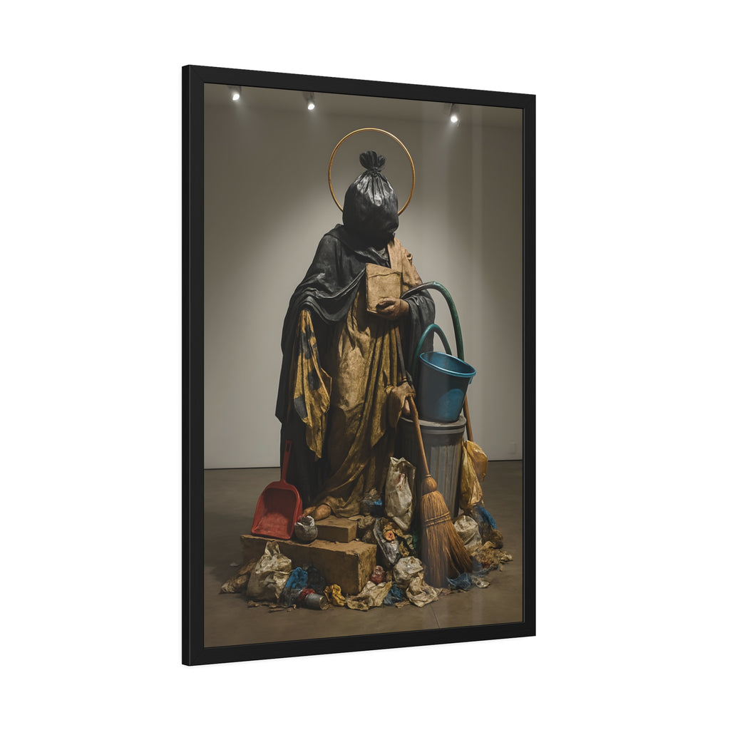 A robed figure with a garbage bag head and gold halo holding a broom. The Custodian Enthroned by Garabaggio, framed fine art print hanging in a room.