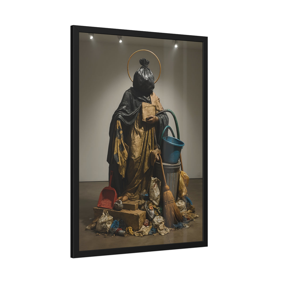 A robed figure with a garbage bag head and gold halo holding a broom. The Custodian Enthroned by Garabaggio, framed fine art print hanging in a room.