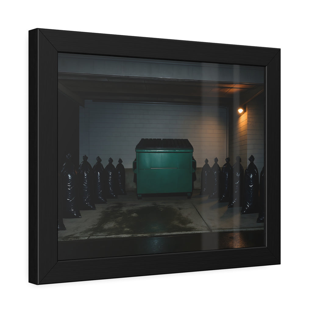 A green dumpster flanked by rows of black garbage bags under a lamp. Night Watch of the Loading Dock by Garabaggio, framed fine art print hanging in a room.