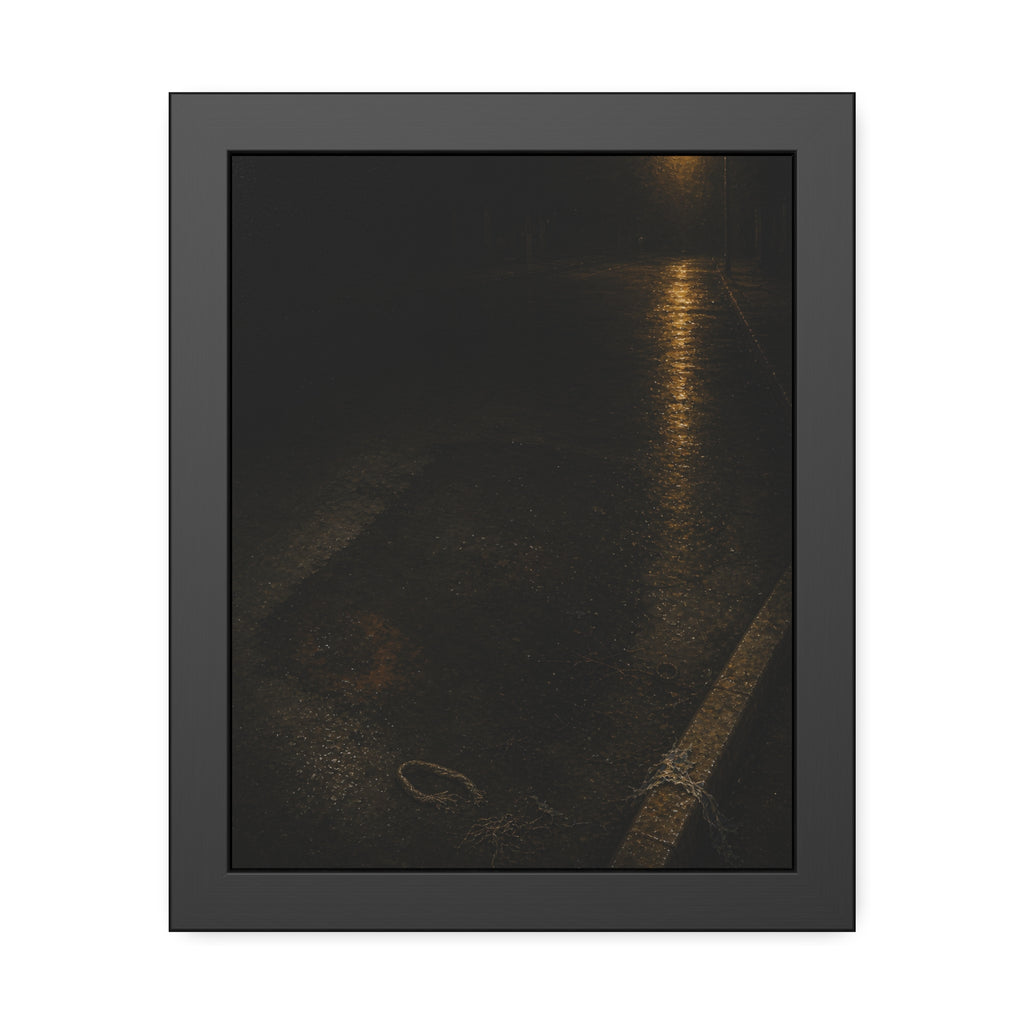 A rectangular stain on wet asphalt where something lay, under a streetlamp. The Stain After Removal by Garabaggio, framed fine art print, 11″ x 14″.