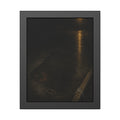 A rectangular stain on wet asphalt where something lay, under a streetlamp. The Stain After Removal by Garabaggio, framed fine art print, 11″ x 14″.