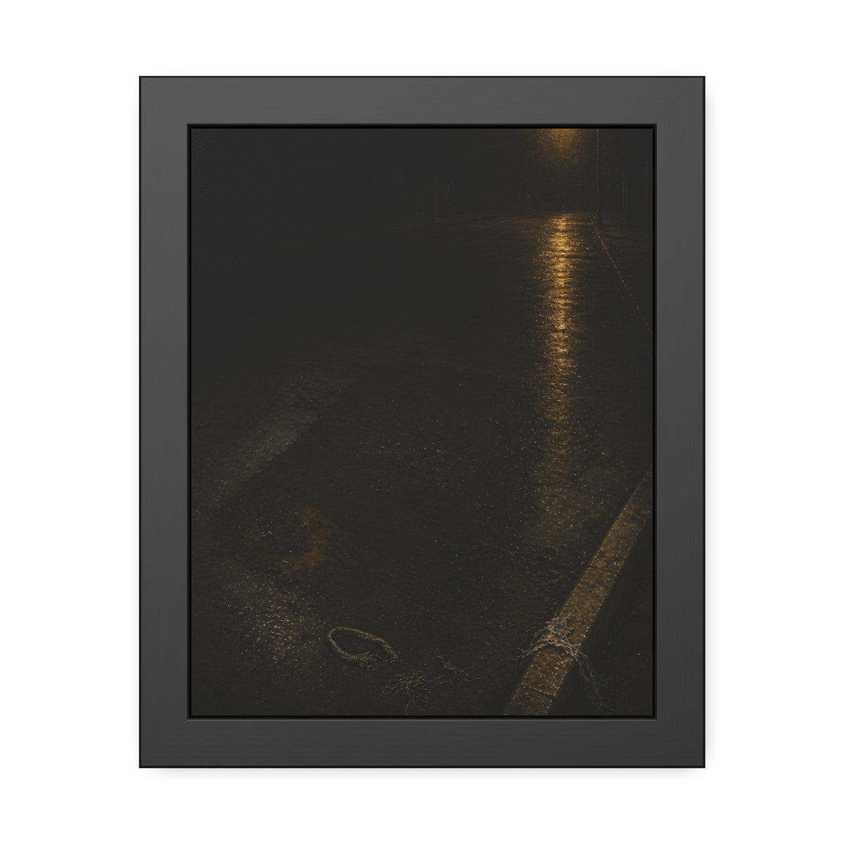 A rectangular stain on wet asphalt where something lay, under a streetlamp. The Stain After Removal by Garabaggio, framed fine art print, 11″ x 14″.