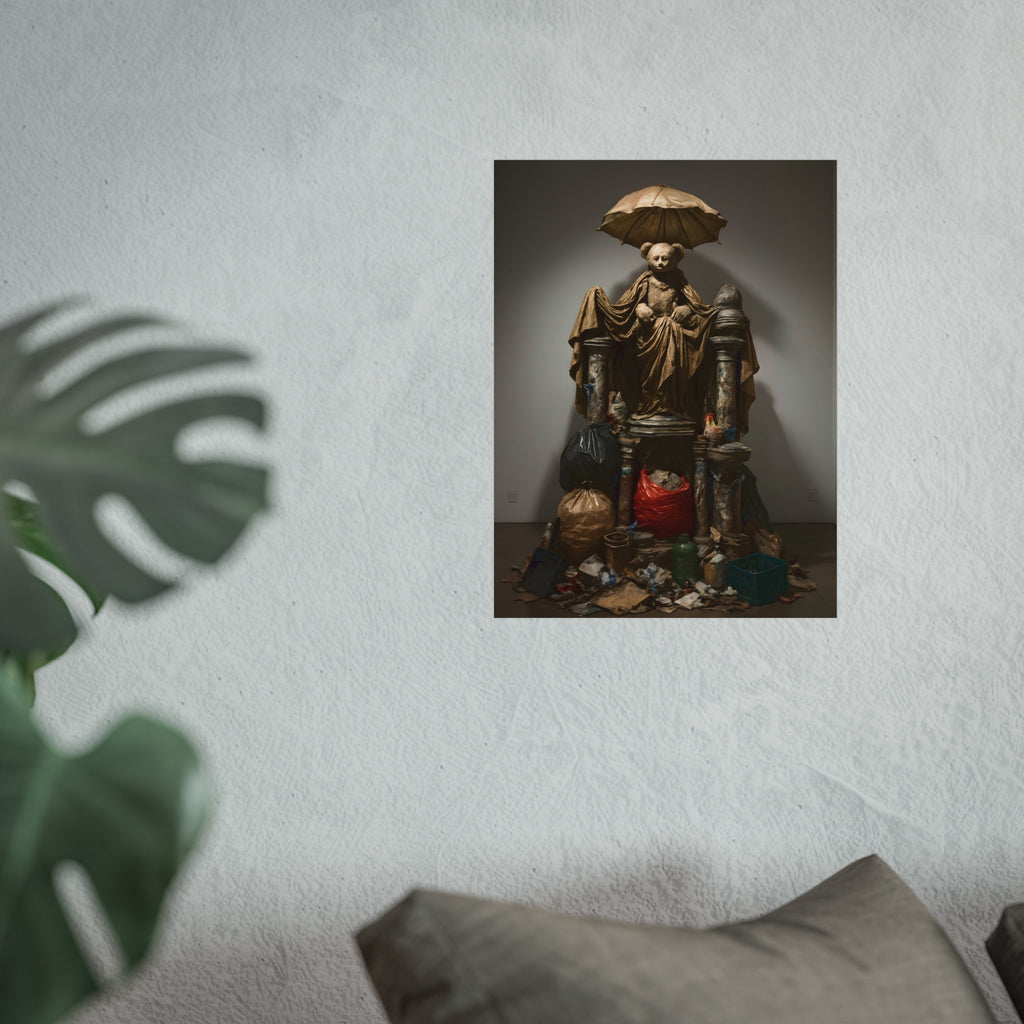 A teddy bear figure under an umbrella atop a pile of trash bags. Madonna of the Lost and Found by Garabaggio, fine art print hanging in a room.