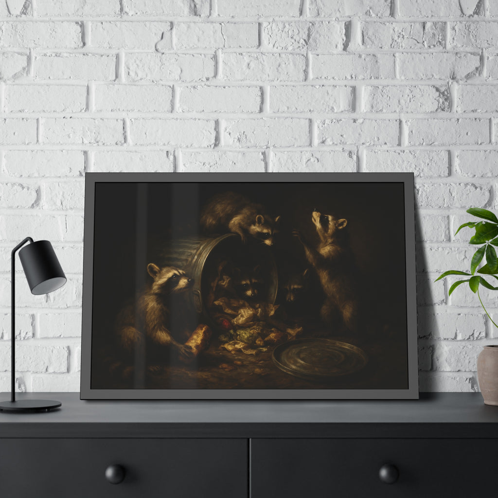 Raccoons around a tipped metal trash can, scattering food scraps. The Vigil of the Midnight Feast by Garabaggio, framed fine art print hanging in a room.