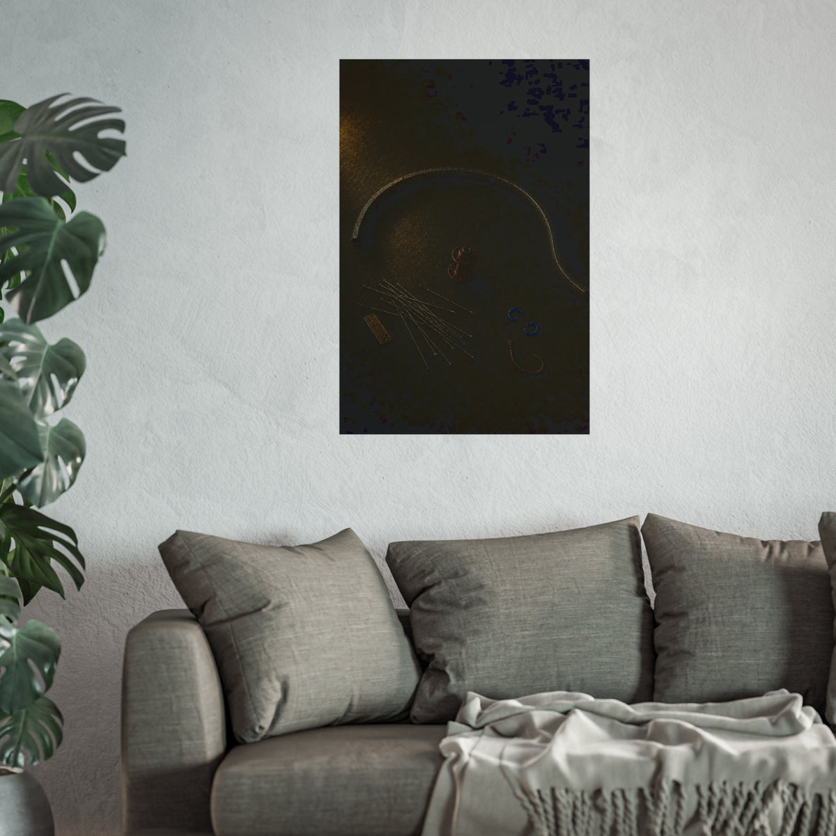 Bent bicycle rim, loose spokes and hub laid out on dark asphalt. Arc and Spokes by Garabaggio, fine art print hanging in a room.