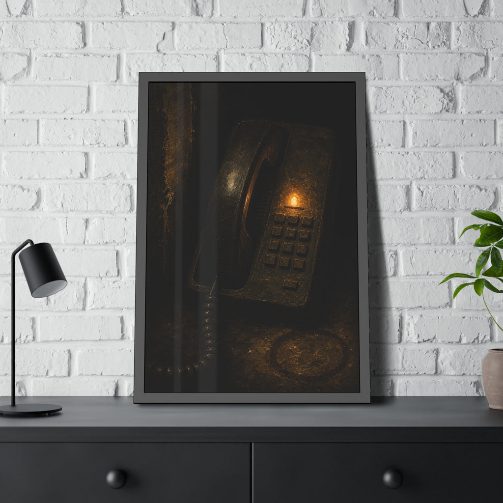 An old desk phone in the dark with one amber line light glowing. The First Ring by Garabaggio, framed fine art print hanging in a room.