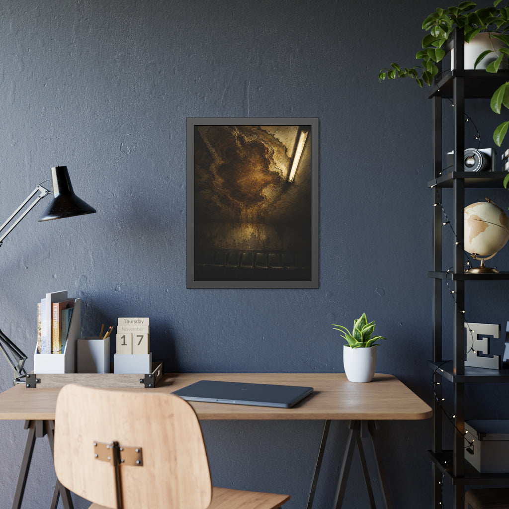 A brown water stain spreading across a ceiling above a row of chairs. The Stain Above the Row by Garabaggio, framed fine art print hanging in a room.