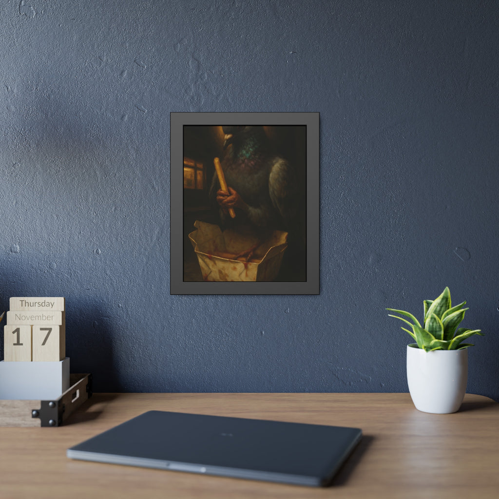 A haloed pigeon holding a french fry over a takeout carton in an alley. Madonna of the Pigeon with Fries by Garabaggio, framed fine art print hanging in a room.