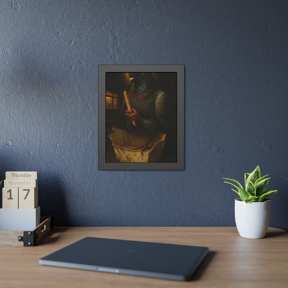 A haloed pigeon holding a french fry over a takeout carton in an alley. Madonna of the Pigeon with Fries by Garabaggio, framed fine art print hanging in a room.