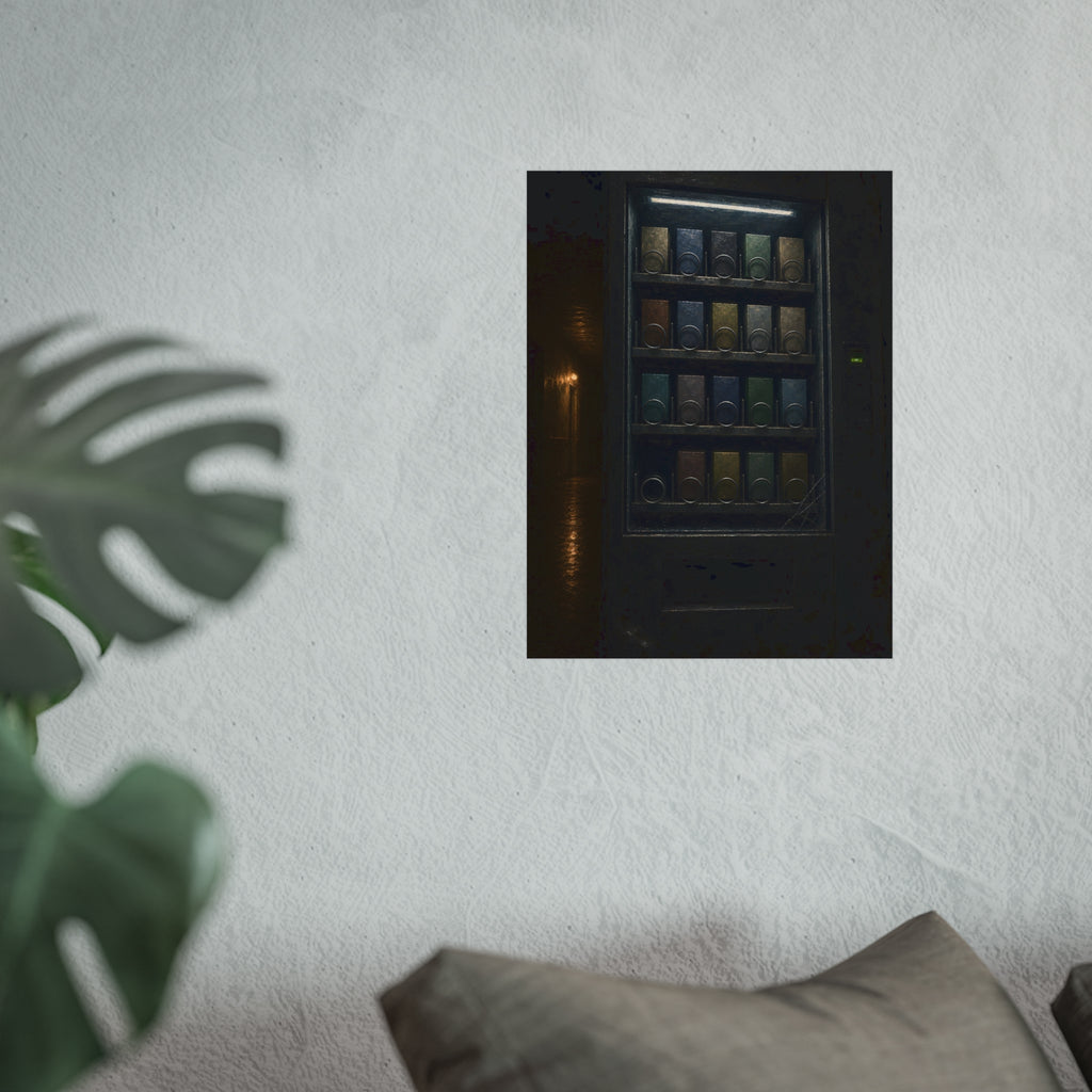Rows of coils behind the lit glass of a vending machine in a dark hall. The First Empty Spiral by Garabaggio, fine art print hanging in a room.