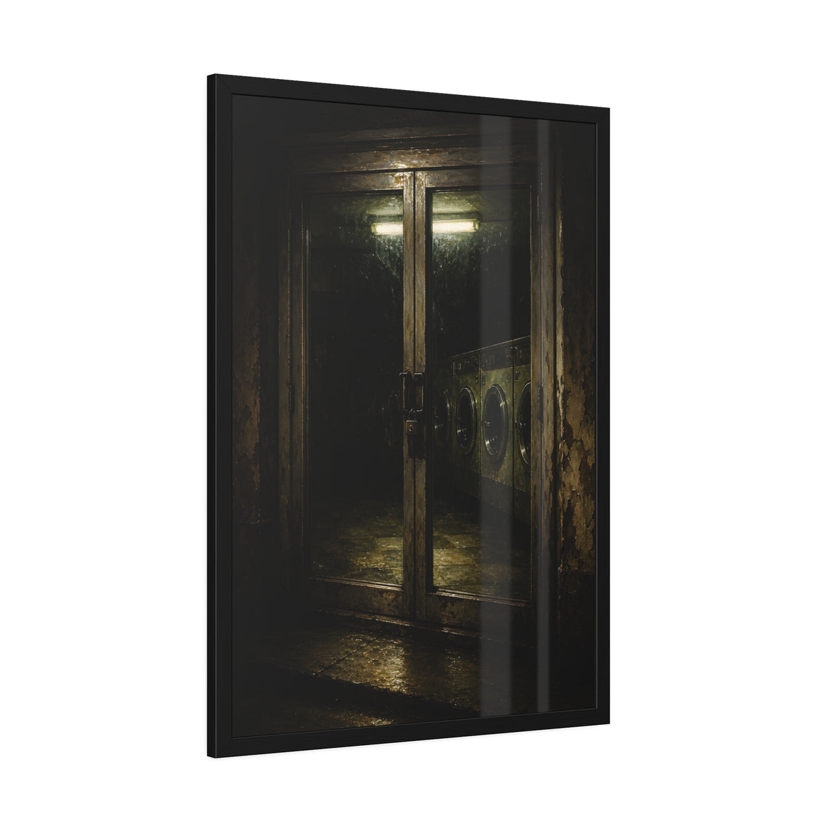 Glass laundromat doors at night with washers lit by a fluorescent tube. The Doors at Midnight by Garabaggio, framed fine art print hanging in a room.